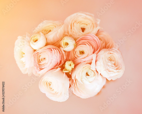 A bouquet of delicate pink ranunculuses. The view from the top.