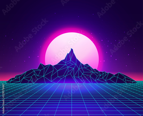 Vaporwave laser grid abstract mountains landscape with sunset on background. Synthwave concept. Vector illustration
