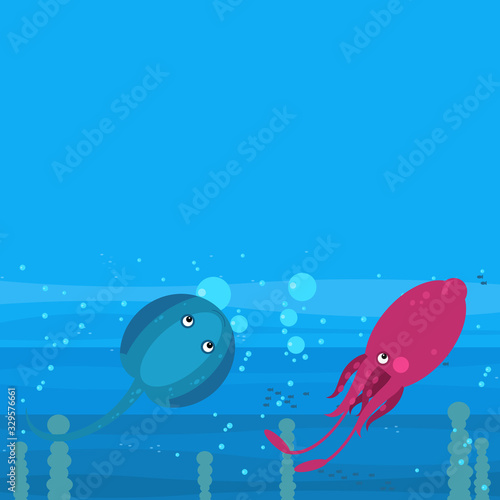 Happy cartoon underwater scene with swimming coral reef fishes illustration