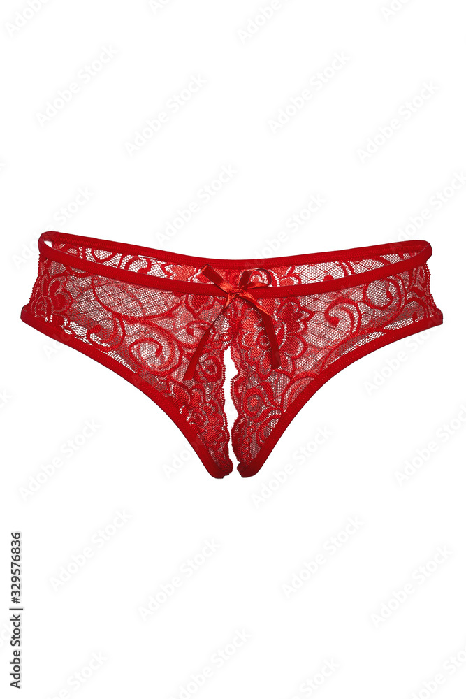 Subject shot of red lace panties with scroll tracery, a silk bow and a