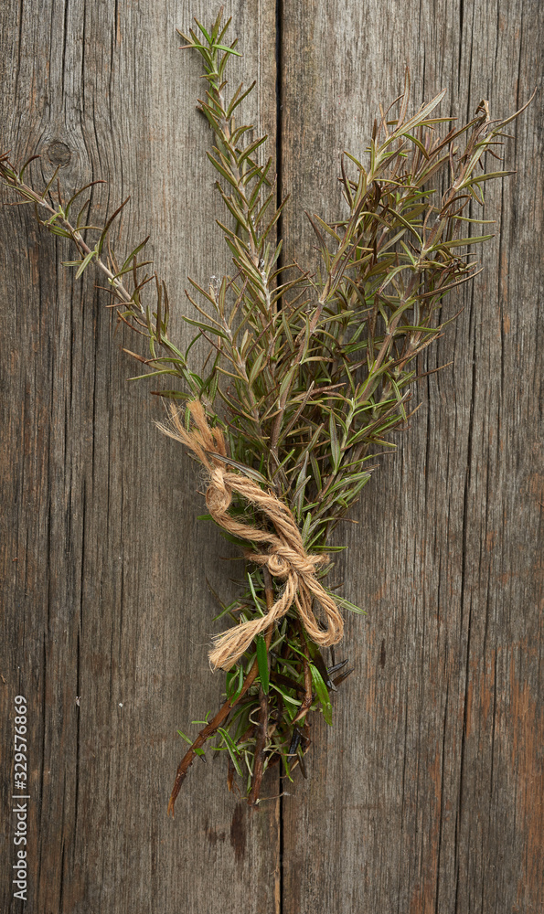fresh green sprigs of rosemary tied with a brown rope and lie on a gray wooden table from old boards fresh green sprigs of rosemary tied with a brown rope and lie on a gray wooden table from old boards
