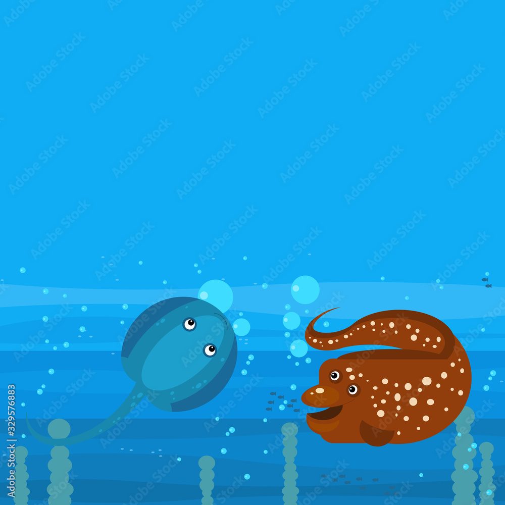 Happy cartoon underwater scene with swimming coral reef fishes illustration Happy cartoon underwater scene with swimming coral reef fishes illustration