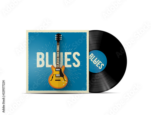 Realistic vinyl disc mockup with blues music cover with classic electric guitar on it. Works for blues rock playlist or album cover. Vector illustration