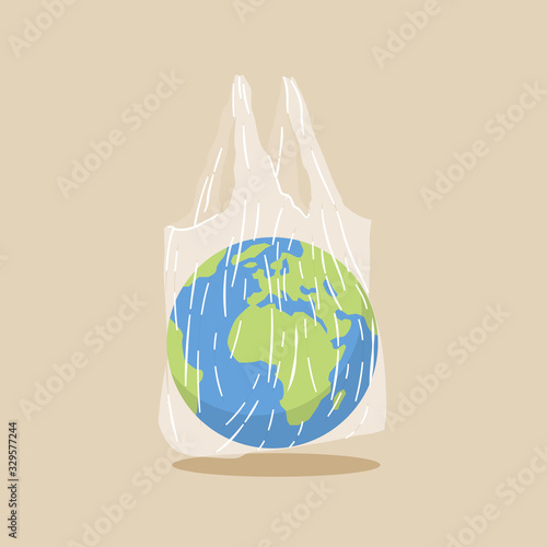 Earth globe in transparent plastic bag. Plastic pollution problem concept. Vector illustration.