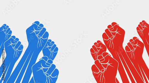 Group of red raised fists against group of blue raised fists, isolated on white background. Confrontation, opposition concept. Vector illustration.