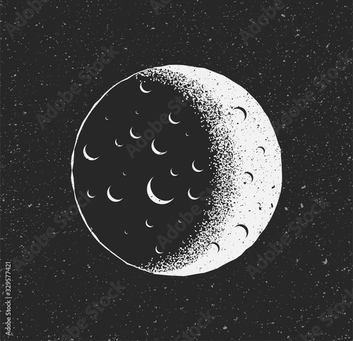 White Moon on black starry background. Hand drawn sketch vintage styled vector illustration.