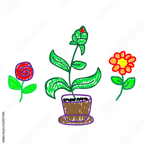 Set flowers in a deliberately childish style. Imitation child drawing. Kid sketch, painting felt-tip pen or marker. Kid painted, handmade craft isolated on white background. Vector illustration
