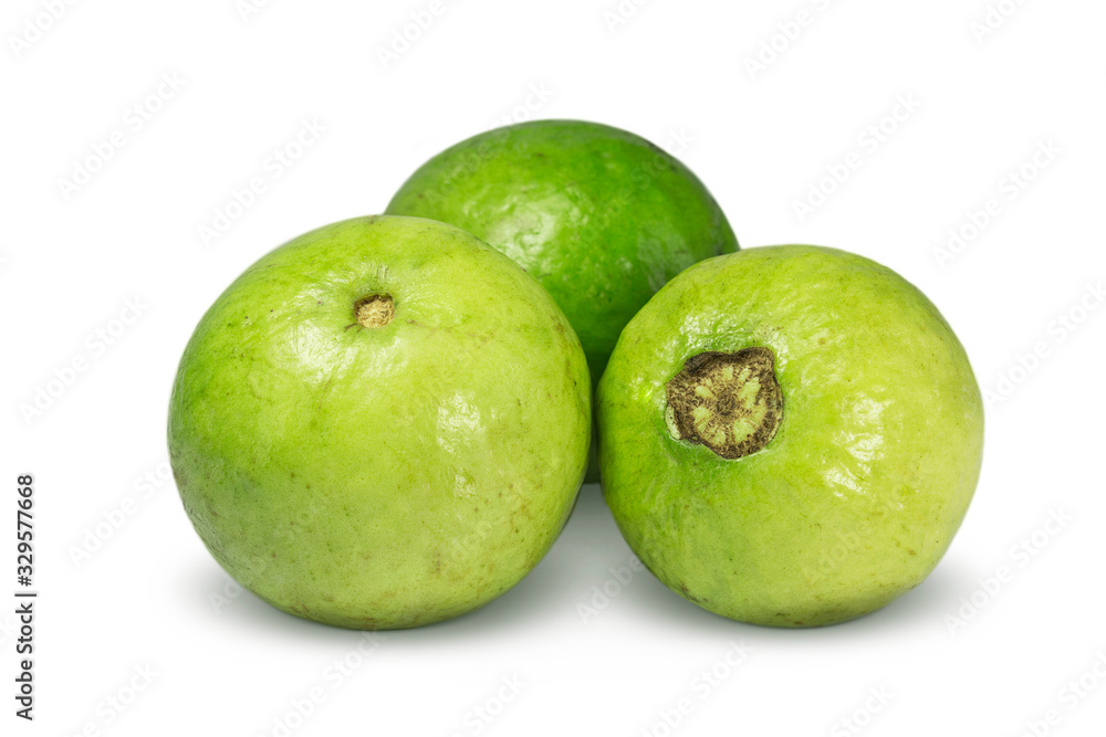 set of three fresh guava fruit on white background set of three fresh guava fruit on white background