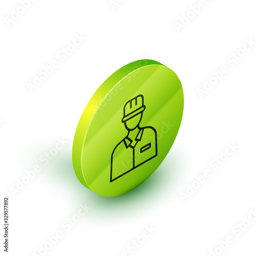 Isometric line Oilman icon isolated on white background. Green circle button. Vector Illustration