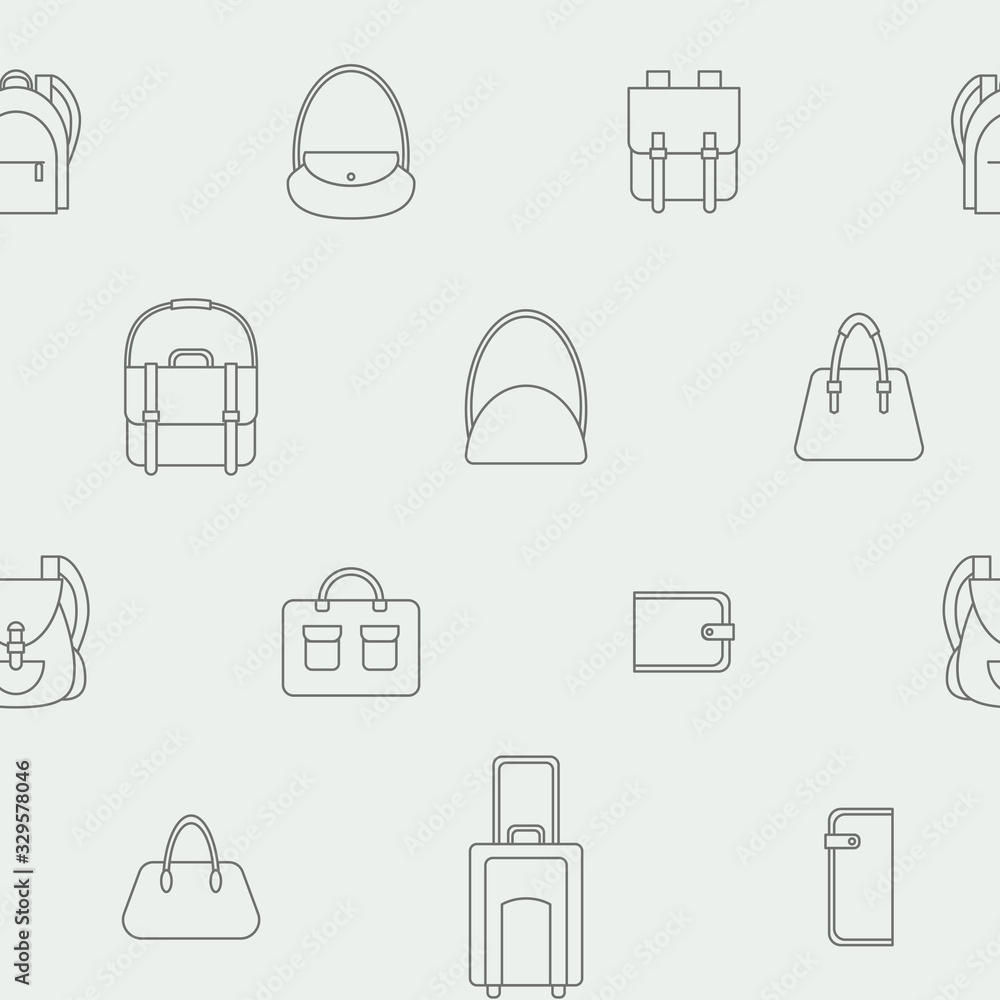 Handbag - Vector background (seamless pattern) of bag, backpack, purse, clutch, luggage, suitcase for graphic design Handbag - Vector background (seamless pattern) of bag, backpack, purse, clutch, luggage, suitcase for graphic design