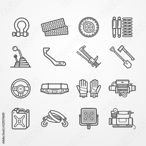Set of off-road and overland car equipment icons. Shackle sand track wheel suspension gearbox snorkel jack shovel hatchet bumper gloves winch fuel tow strap light compressor. Vector stock image.