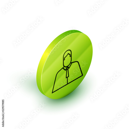 Isometric line Lawyer, attorney, jurist icon isolated on white background. Jurisprudence, law or court icon. Green circle button. Vector Illustration