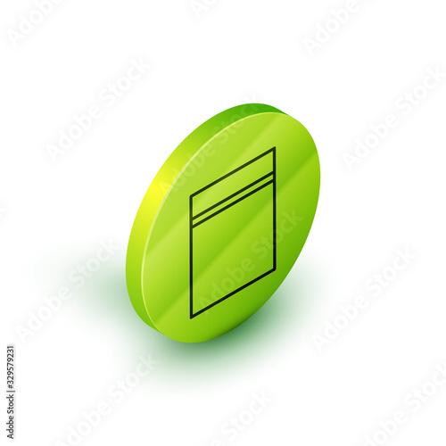 Isometric line Plastic bag with ziplock icon isolated on white background. Green circle button. Vector Illustration