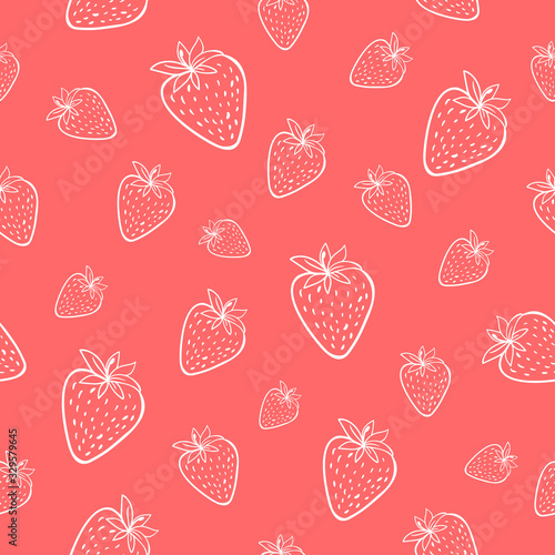 Line drawn doodle strawberries on bright pink background. Seamless summer cute pattern. Good for packaging.