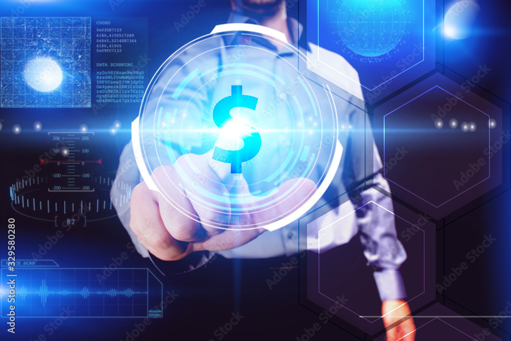 Business, Technology, Internet and network concept. Young businessman working on a virtual screen of the future and sees the inscription: Business, Technology, Internet and network concept. Young businessman working on a virtual screen of the future and sees the inscription: