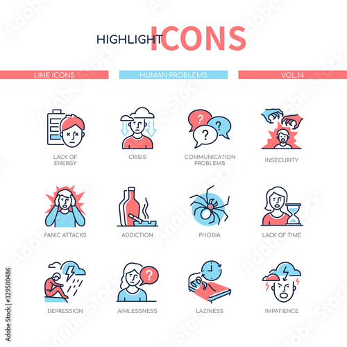 Human psychological problems - line design style icons set