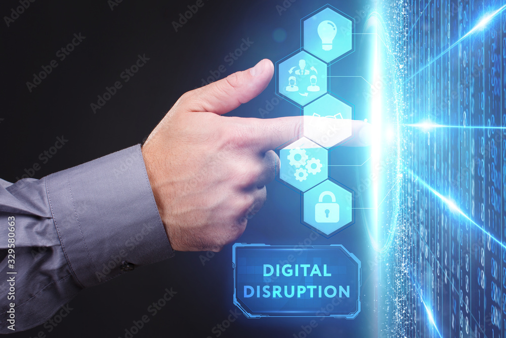 Fototapeta premium Business, Technology, Internet and network concept. Young businessman working on a virtual screen of the future and sees the inscription: