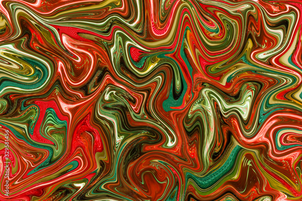 Green and orange liquid marbling paint swirls background. Fluid painting abstract texture.