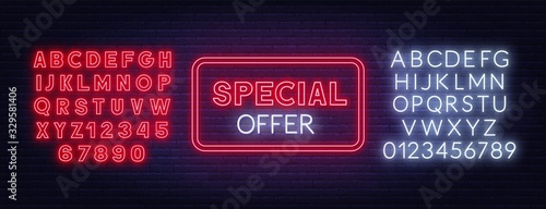 Special offer neon sign on brick wall background. Template for design with fonts. Vector illustration.