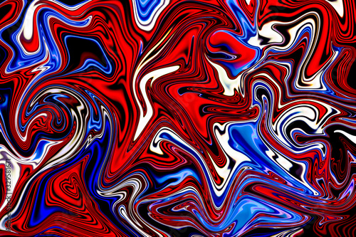 Red, white and blue liquid marbling paint swirls background. Fluid painting abstract texture.