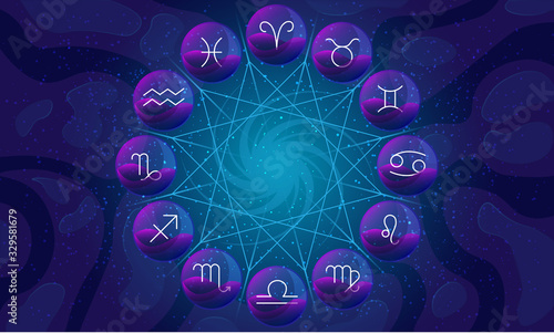 Illustration of zodiac wheel or circle with twelve zodiac sign symbols closed in glass spheres. Astrological calendar isolated on night starry sky with galaxy and geometric pattern in the center.
