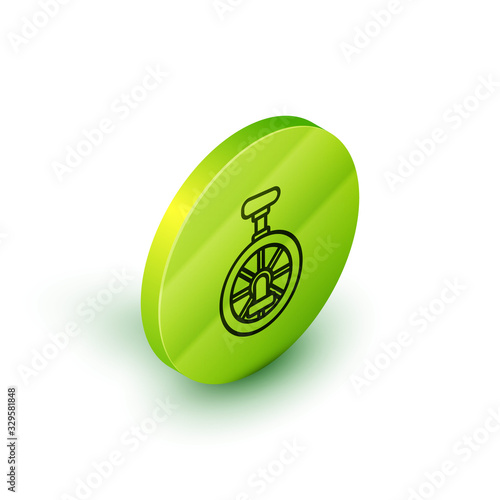 Isometric line Unicycle or one wheel bicycle icon isolated on white background. Monowheel bicycle. Green circle button. Vector Illustration