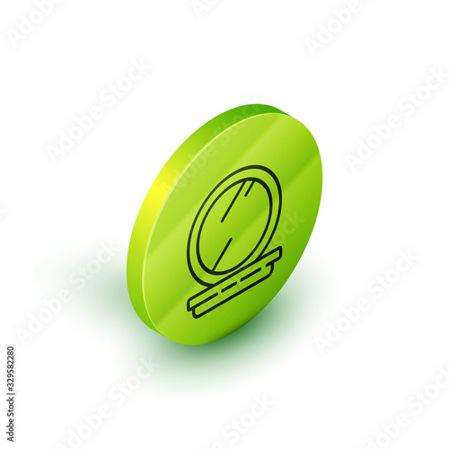 Isometric line Makeup powder with mirror icon isolated on white background. 8 March. International Happy Women Day. Green circle button. Vector Illustration photo