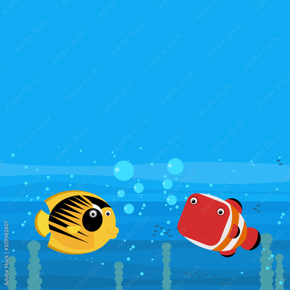 Naklejka premium cheerful cartoon underwater scene with swimming coral reef fishes illustration
