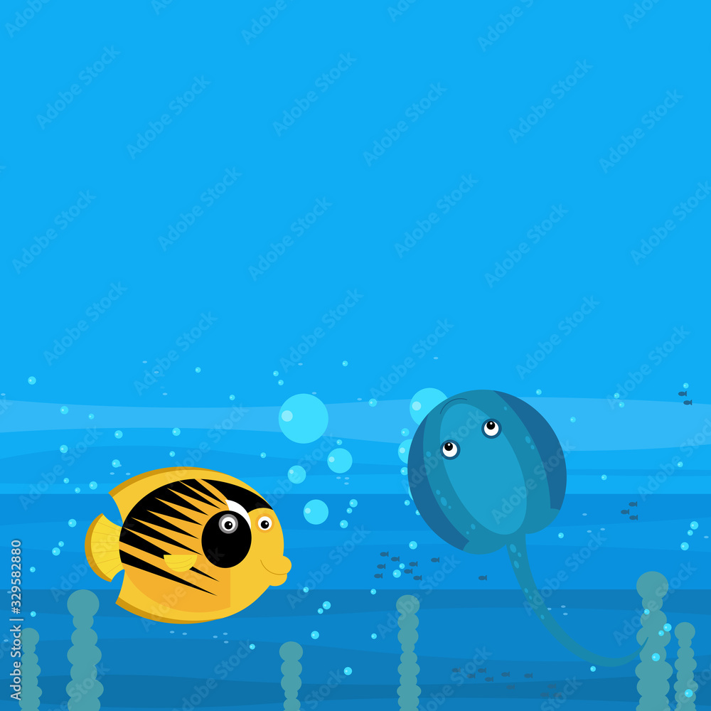 Naklejka premium cheerful cartoon underwater scene with swimming coral reef fishes illustration