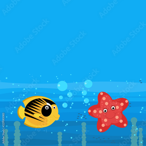 cheerful cartoon underwater scene with swimming coral reef fishes illustration