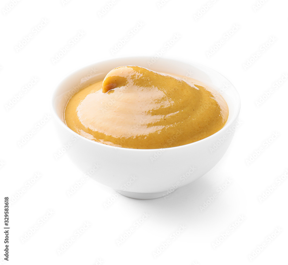 Bowl of tasty honey mustard sauce on white background Bowl of tasty honey mustard sauce on white background
