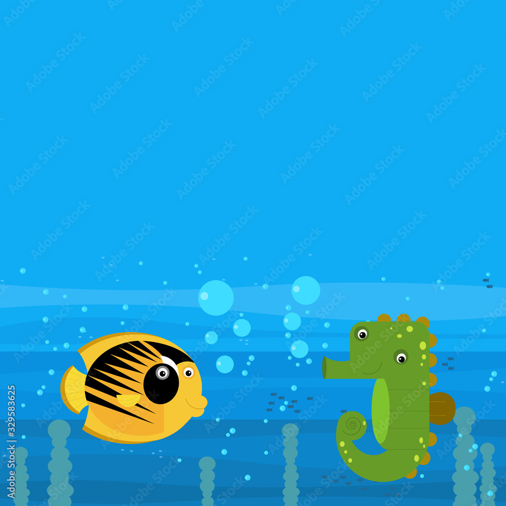 cheerful cartoon underwater scene with swimming coral reef fishes illustration cheerful cartoon underwater scene with swimming coral reef fishes illustration