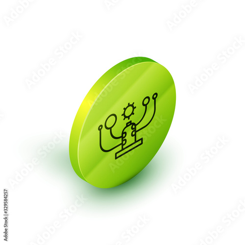 Isometric line Solar system icon isolated on white background. The planets revolve around the star. Green circle button. Vector Illustration