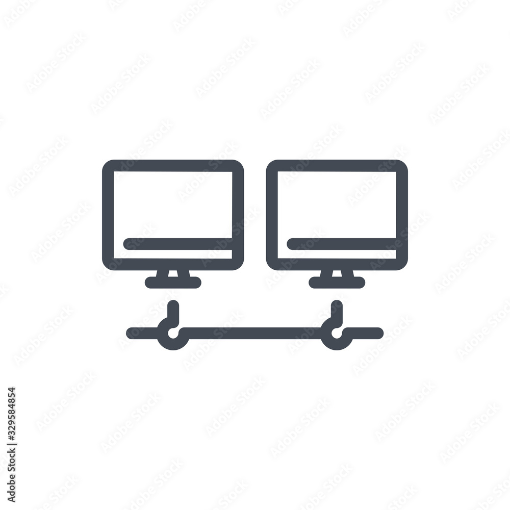 Network connection to computers line icon. Cable connection to computers vector outline sign. Network connection to computers line icon. Cable connection to computers vector outline sign.