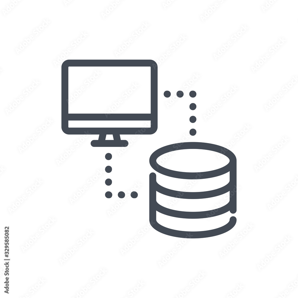 Database connection line icon. Computer with connection to data storage vector outline sign. Database connection line icon. Computer with connection to data storage vector outline sign.