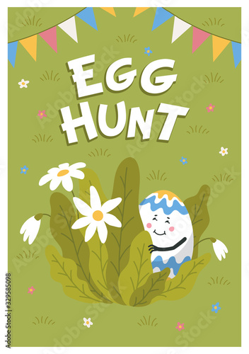 Happy easter poster. Colored egg with cute face hiding on a green lawn. Easte...