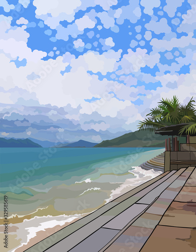 cartoon coast of tropical sea with stone steps