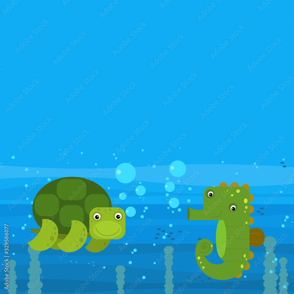 Obraz premium cheerful cartoon underwater scene with swimming coral reef fishes illustration