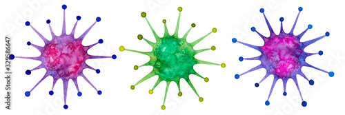 Abstract star shape objects, virus form, watercolor illustration