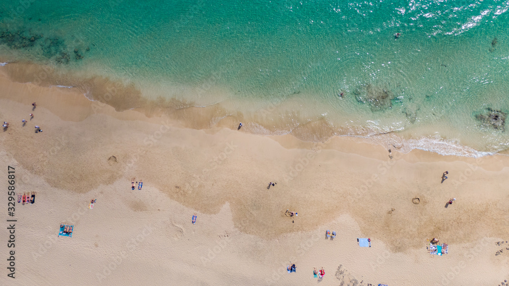 Morro Jable Canary Island, Fuerteventura Spain, Aerial view on coast of atlantic ocean and beach, Drone shot of sea 