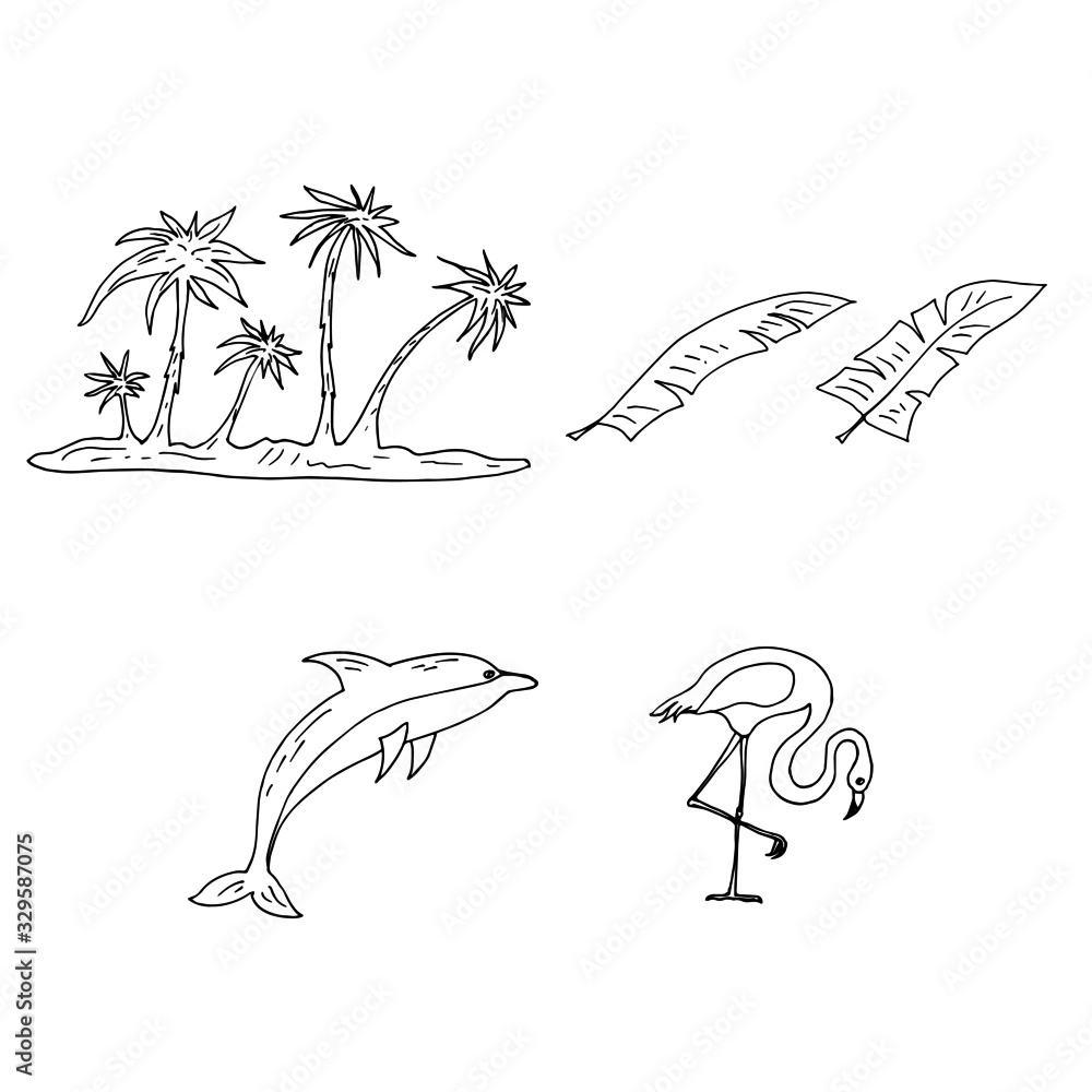 Linear  hand drawn vector illustration with palm trees, flamingo, dolphin. 