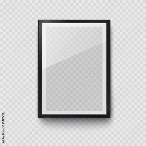 Frame mockup template isolated on transparent wall background. Realistic blank vertical picture or photograph border. Vector glass black photoframe for interior artwork design..