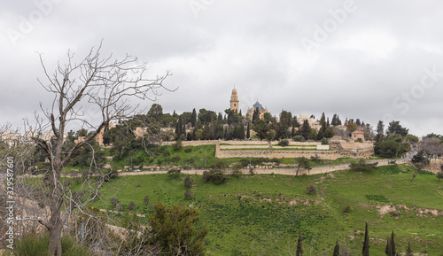 View of the old city of Jerusalem, Dormition Abbey and King David Tomb from the Abu Tor district of Jerusalem city in Israel