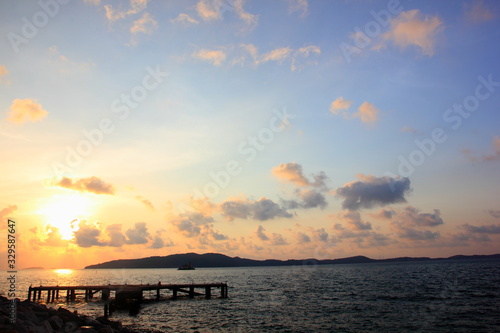 Clouds and morning sky on the sea.white clouds over the tropical sea at sunset.