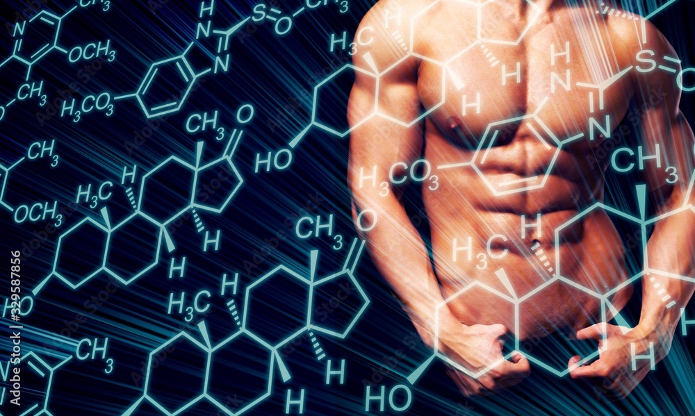 Perfect man body on chemical structure background Perfect man body on chemical structure background
