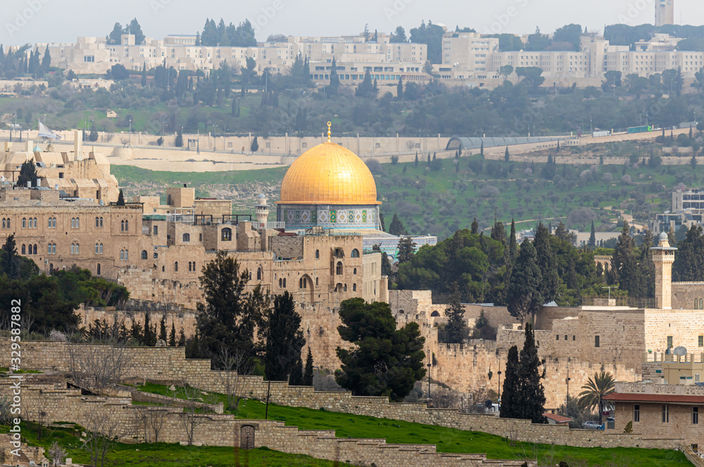 View of the old city of Jerusalem and the Dome of the Rock from the Abu Tor district of Jerusalem city in Israel