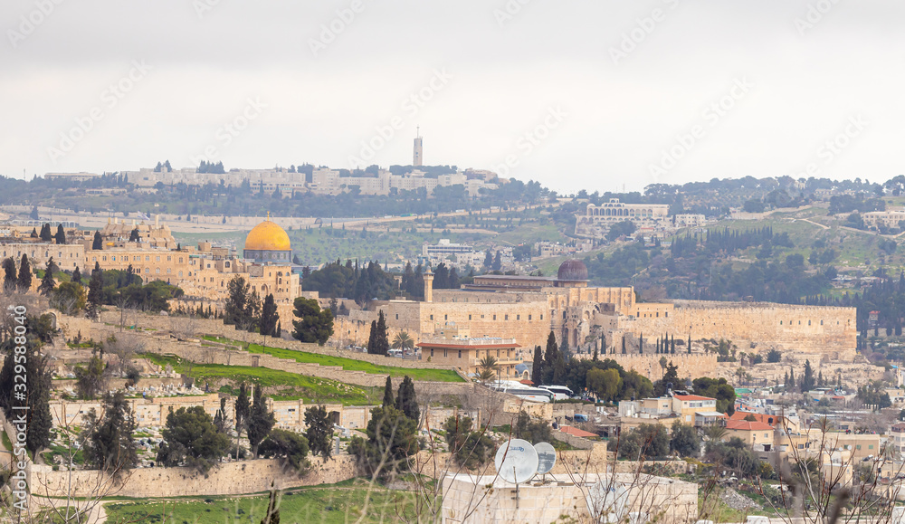 View of the old city of Jerusalem and the Dome of the Rock from the Abu Tor district of Jerusalem city in Israel