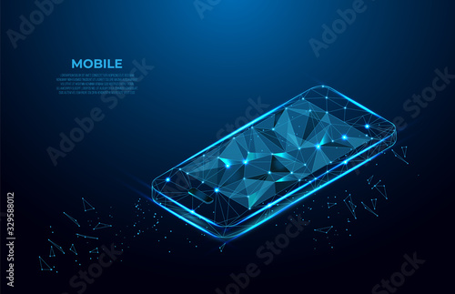 Mobile phone. Communication app smartphone concept. Abstract Low-poly wireframe vector technology isometric illustration.  Device screen.  Polygonal wireframe silhouette. Mesh art.