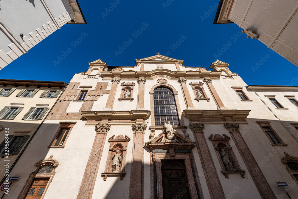 Trento city, the facade of the Church of San Francesco Saverio in Baroque style (1711), Trentino-Alto Adige, Italy, Europe