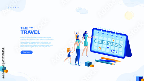 Trendy flat illustration. Time to travel  page concept. The family is planning a vacation. Relaxation. Recreation. Father, mother, daughter and son.  Template for your design works. Vector graphics.